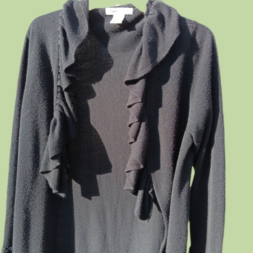 Vintage Suzie Black Open Front Cardigan Sweater Ruffles At Neck & Wrist Size M